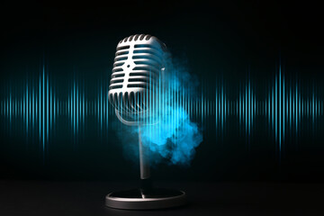 Retro microphone with radio waves on dark background