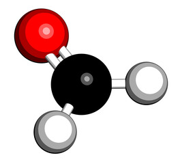 Wall Mural - Formaldehyde (methanal) molecule. Important indoor pollutant. 3D rendering. Atoms are represented as spheres with conventional color coding: hydrogen (white), carbon (black), oxygen (red).