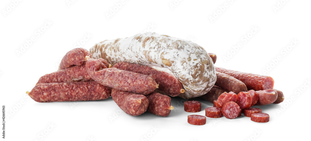 Different tasty sausages on white background