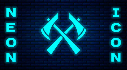 Sticker - Glowing neon Firefighter axe icon isolated on brick wall background. Fire axe. Vector