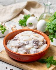 Wall Mural - Raw cuttlefish in a ceramic plate on the kitchen table. Lots of peeled squid in a bowl on a light background. The concept of cooking shellfish