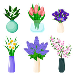  Set-of-spring-flowers-in-a-vase.-Lilac,-tulip,-daffodil,-lily-of-the-valley,-crocus,-sakura-branch-in-vases.-Vector-illustration-isolated