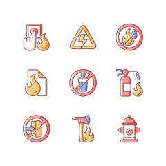 Wall Mural - Fire emergency RGB color icons set. Alarm button. High voltage. Use no water. Fire blanket, extinguisher. Do not enter. Pulaski axe. Hydrant for emergency. Isolated vector illustrations