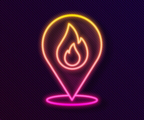 Poster - Glowing neon line Map pointer with fire flame icon isolated on black background. Fire nearby. Vector