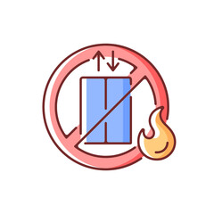 Sticker - Do not use elevator RGB color icon. Restriction for personal security. Risk of burning. Fire safety regulation, emergency guidance. Hazardous accident prevention. Isolated vector illustration