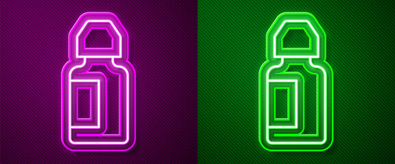 Sticker - Glowing neon line Eye drop bottle icon isolated on purple and green background. Vector