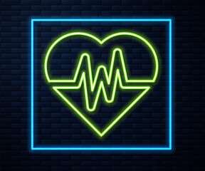 Poster - glowing neon line heart rate icon isolated on brick wall background. heartbeat sign. heart pulse ico