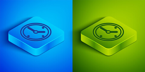 Wall Mural - Isometric line Clock icon isolated on blue and green background. Time symbol. Square button. Vector