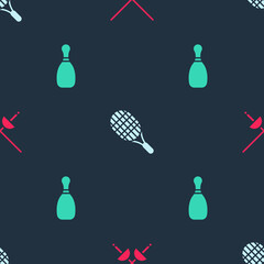 Canvas Print - Set Fencing, Tennis racket and Bowling pin on seamless pattern. Vector