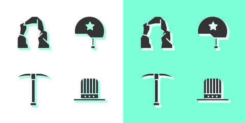 Wall Mural - Set Patriotic American top hat, Grand canyon, Pickaxe and Military helmet icon. Vector