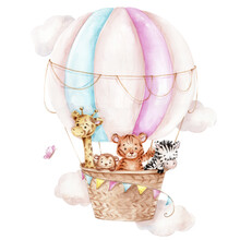 Big Air Balloon With Cartoon Giraffe, Zebra, Tiger And Monkey; Watercolor Hand Drawn Illustration; Can Be Used For Kid Posters Or Cards; With White Isolated Background