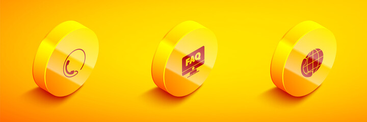 Poster - Set Isometric Telephone 24 hours support, Computer monitor and FAQ and icon. Vector