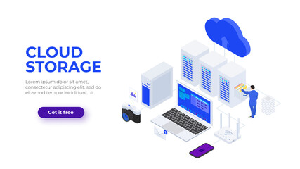 Poster - Isometric cloud technologies design concept with character. Vector illustration. Landing page template for web