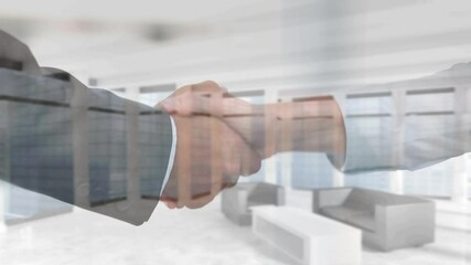Poster - Animation of businessman and businesswoman shaking hands over empty office