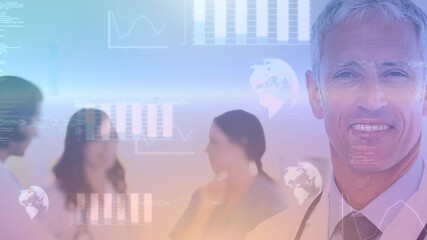 Poster - Animation of medical data processing and statistics recording over smiling male doctor