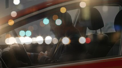 Poster - animation of road traffic over man getting in car