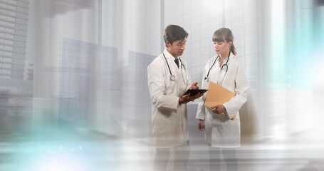 Poster - Animation of male and female doctor using tablet over cityscape