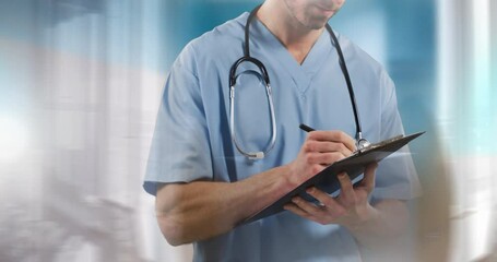 Wall Mural - Animation of midsection of male doctor writing on clipboard