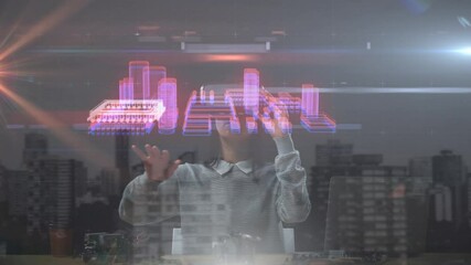 Poster - Animation of computer processor spinning over woman wearing vr headset and cityscape