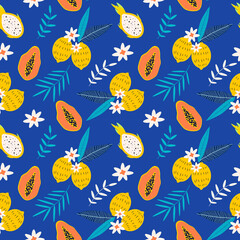 Wall Mural - vector seamless pattern with papaya fruits, lemon, dragon fruit and palm leaves. bright pattern in a flat style for printing onto fabric, wrapping paper. summer tropical background