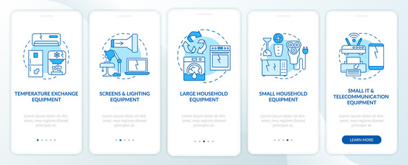 E-trash categories onboarding mobile app page screen with concepts. Household equipment walkthrough 5 steps graphic instructions. UI, UX, GUI vector template with linear color illustrations