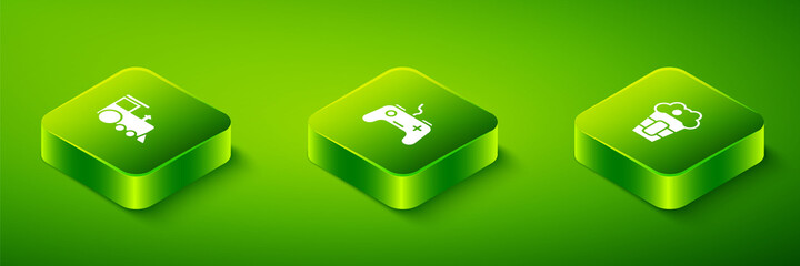 Poster - Set Isometric Gamepad, Popcorn in box and Toy train icon. Vector