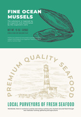 Wall Mural - Fine Ocean Seafood. Abstract Vector Packaging Design or Label. Modern Typography and Hand Drawn Mussel Shell Sketch Silhouette with Sea Lighthouse Background Layout