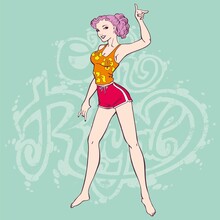 Pin Up With Purple Hair And Hibiscus Flowers Top Pointing With Her Hand