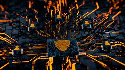 Security Technology Concept with shield symbol on a Microchip. Orange Neon Data flows between Users and the CPU across a Futuristic Motherboard. 3D render.