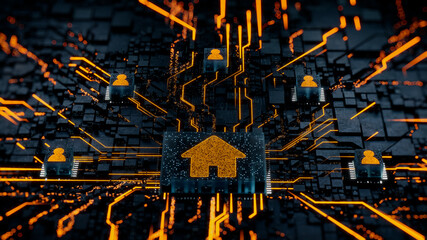 Internet Technology Concept with home symbol on a Microchip. Orange Neon Data flows between Users and the CPU across a Futuristic Motherboard. 3D render.