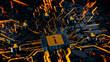 © RocknRoller Studios - Information Technology Concept with info symbol on a Microchip. Orange Neon Data flows between Users and the CPU across a Futuristic Motherboard. 3D render.