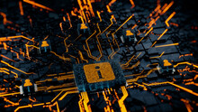 Information Technology Concept With Info Symbol On A Microchip. Orange Neon Data Flows Between Users And The CPU Across A Futuristic Motherboard. 3D Render.