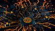 © RocknRoller Studios - Internet Technology Concept with web symbol on a Microchip. Orange Neon Data flows between Users and the CPU across a Futuristic Motherboard. 3D render.