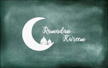 Wall Mural - Crescent moon, Arabic lantern along with the text ramadan kareem written on a green board. Ramadan kareem concept.