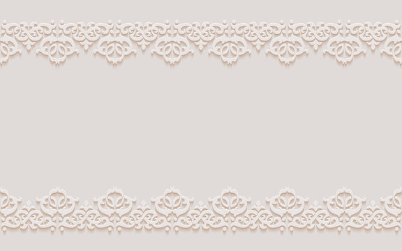 Monochrome ornamental patterned stone relief in arabic architectural style of islamic mosque, greeting card for Ramadan Kareem