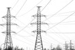 High voltage electric transmission towers (electricity pylons). Black and white photo