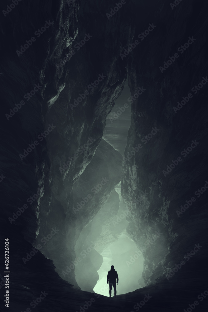 silhouette of a man in a cave, surreal underground landscape - obrazy, fototapety, plakaty 