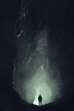 Silhouette Of A Man In A Cave, Surreal Underground Landscape