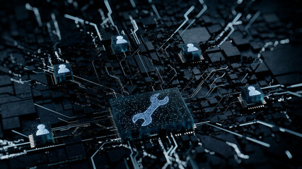 Configure Technology Concept with tool symbol on a Microchip. White Neon Data flows between Users and the CPU across a Futuristic Motherboard. 3D render.