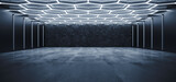 Fototapeta Perspektywa 3d - Sci Fi Futuristic Garage Hangar Studio Modern Hexagon White Neon Blue Lights Glowing Concrete Cement Showroom Underground Tunnel Corridor Background 3D Rendering