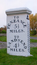 Old, Ornate, Milestone At Road Junction, Lands End To Penzance, West Cornwall, UK.