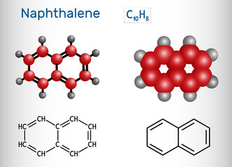 Poster - Naphthalene molecule. It is aromatic hydrocarbon comprising two fused benzene rings. Structural chemical formula and molecule model