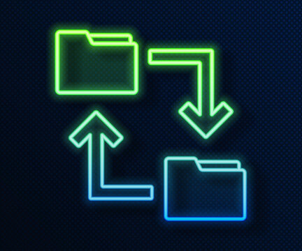 Glowing neon line Cloud storage text document folder icon isolated on blue background. Vector