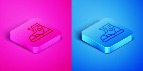 Sticker - Isometric line Fitness sneakers shoes for training, running icon isolated on pink and blue background. Sport shoes. Square button. Vector