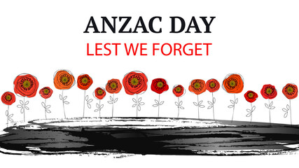  Anzac day background with red abstract poppies. Remembrance day lest we forget. Red poppy flower international symbol of peace on white. Great for design posters, banner, header for website. Vector