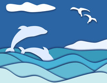 Blue Paper Cut Nature Water Background With Waves And Dolphins