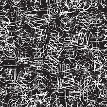 Vector Seamless Pattern With Fuzzy Squiggles And Blurred Tangled Lines In Graffiti Style. Black White Abstract Background. Creative Wallpaper Design, Graphic Print For Textile, Clothes, Wrapping Paper