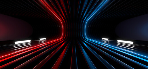 Wall Mural - Sci Fy neon lamps in a dark tunnel. Reflections on the floor and walls. 3d rendering image.