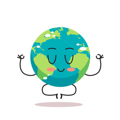 cute earth character sitting lotus pose cartoon mascot globe personage save planet meditation concep