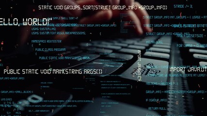 Creative visual of computer programming coding and software development shown by man working on computer keyboard with overlay of computer graphic displaying abstract program codes and computer script